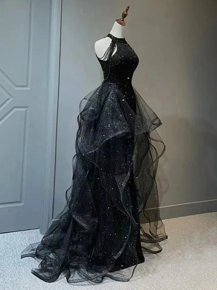 Chic Black Sparkly Halter-Neck A-Line Evening Gown Ruffled Tulle Prom Dress TP1256