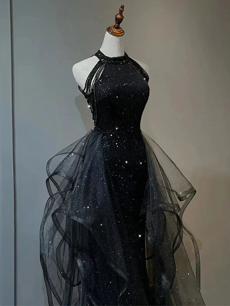 Chic Black Sparkly Halter-Neck A-Line Evening Gown Ruffled Tulle Prom Dress TP1256