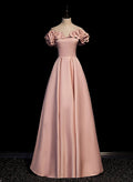 Pink Satin Off Shoulder A-line Prom Dress, Pink Floor Length Party Dress TP1260