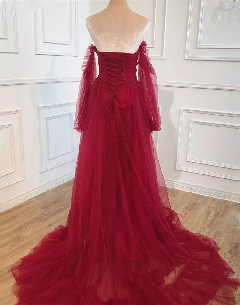 Burgundy Sweetheart Beaded Off Shoulder Party Dress, Burgundy Formal Dress TP1261