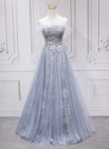 Sliver Grey Tulle with Lace Long Party Dress, Light Grey Bridesmaid Dress TP1263