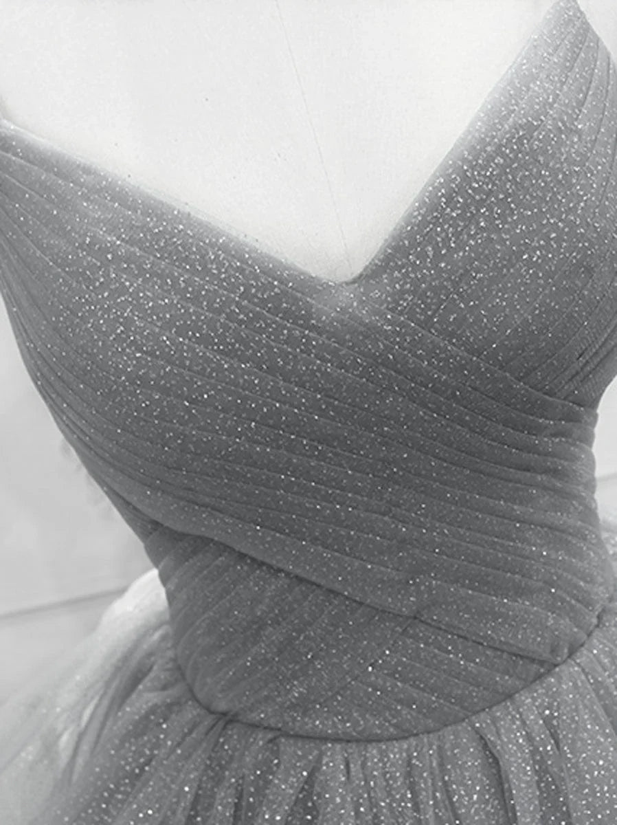 Light Grey Tulle Ball Gown Long V-neckline Formal Dress, Grey Wedding Party Dress TP1264