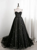 Blavk Sweetheart Straps A-line Long Tulle Prom Dress, Black Evening Party Dress TP1285