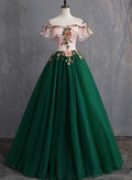 Green Tulle Off Shoulder with Flowers Long Sweet Dress, Green Long Prom Dress TP1296