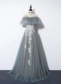Grey Tulle with White Lace A-line Off Shoulder Party Dress, A-line Grey Evening Dress TP1299