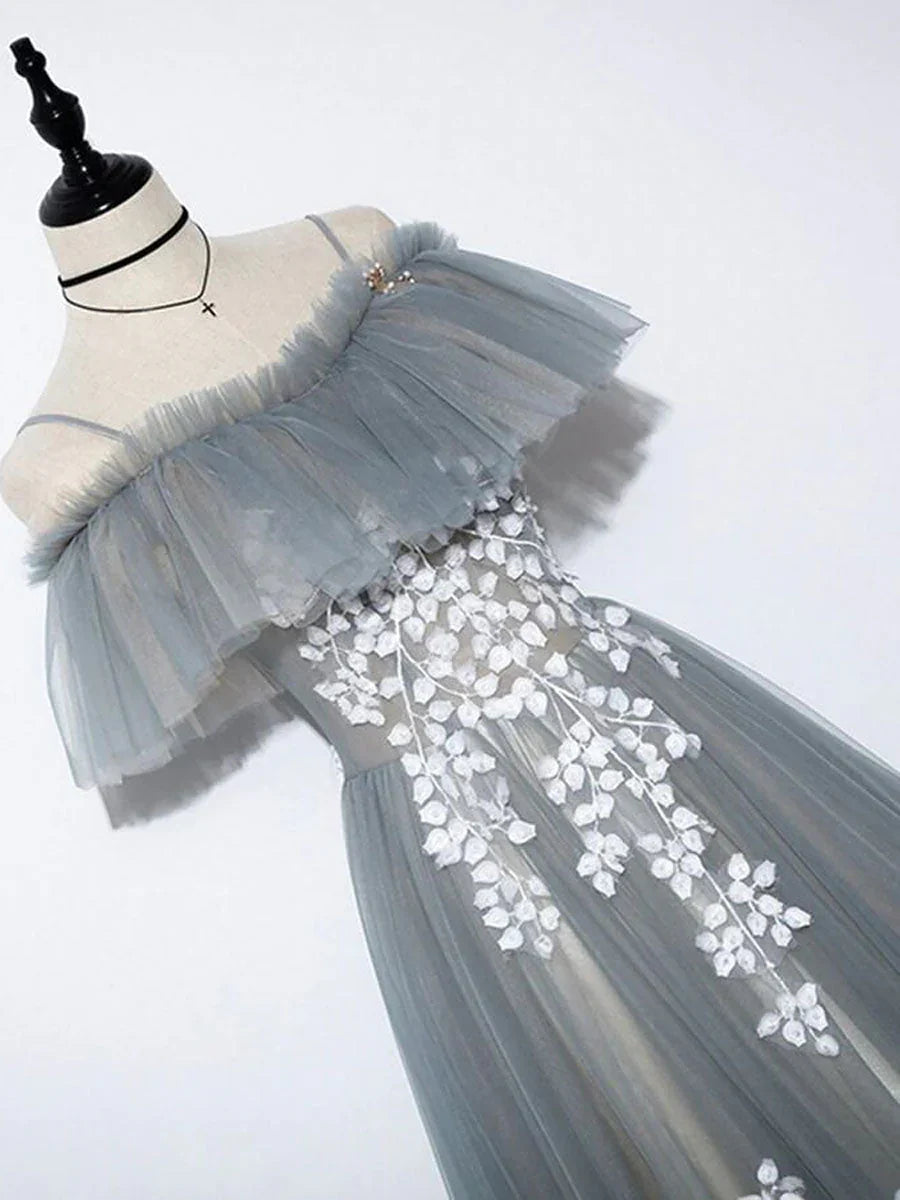 Grey Tulle with White Lace A-line Off Shoulder Party Dress, A-line Grey Evening Dress TP1299