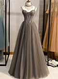 Grey Beaded Sweetheart Tulle Floor Length Party Dress, Grey Long Prom Dress TP1308