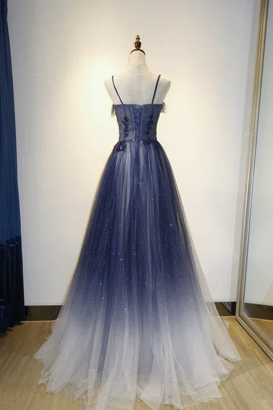 Gorgeous Ombré Navy Blue Sparkle Tulle Lace Applique Spaghetti Strap Prom Dress TP1309