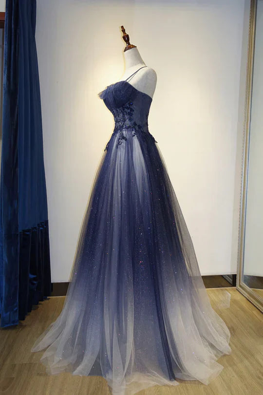 Gorgeous Ombré Navy Blue Sparkle Tulle Lace Applique Spaghetti Strap Prom Dress TP1309