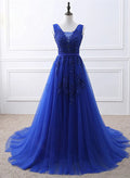 Royal Blue Tulle Long Party Dress with Lace Applique, Blue Evening Party Dress TP1318