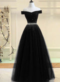 Black Beaded Off Shoulder Tulle Long Party Dress, Black A-line Prom Dress TP1319