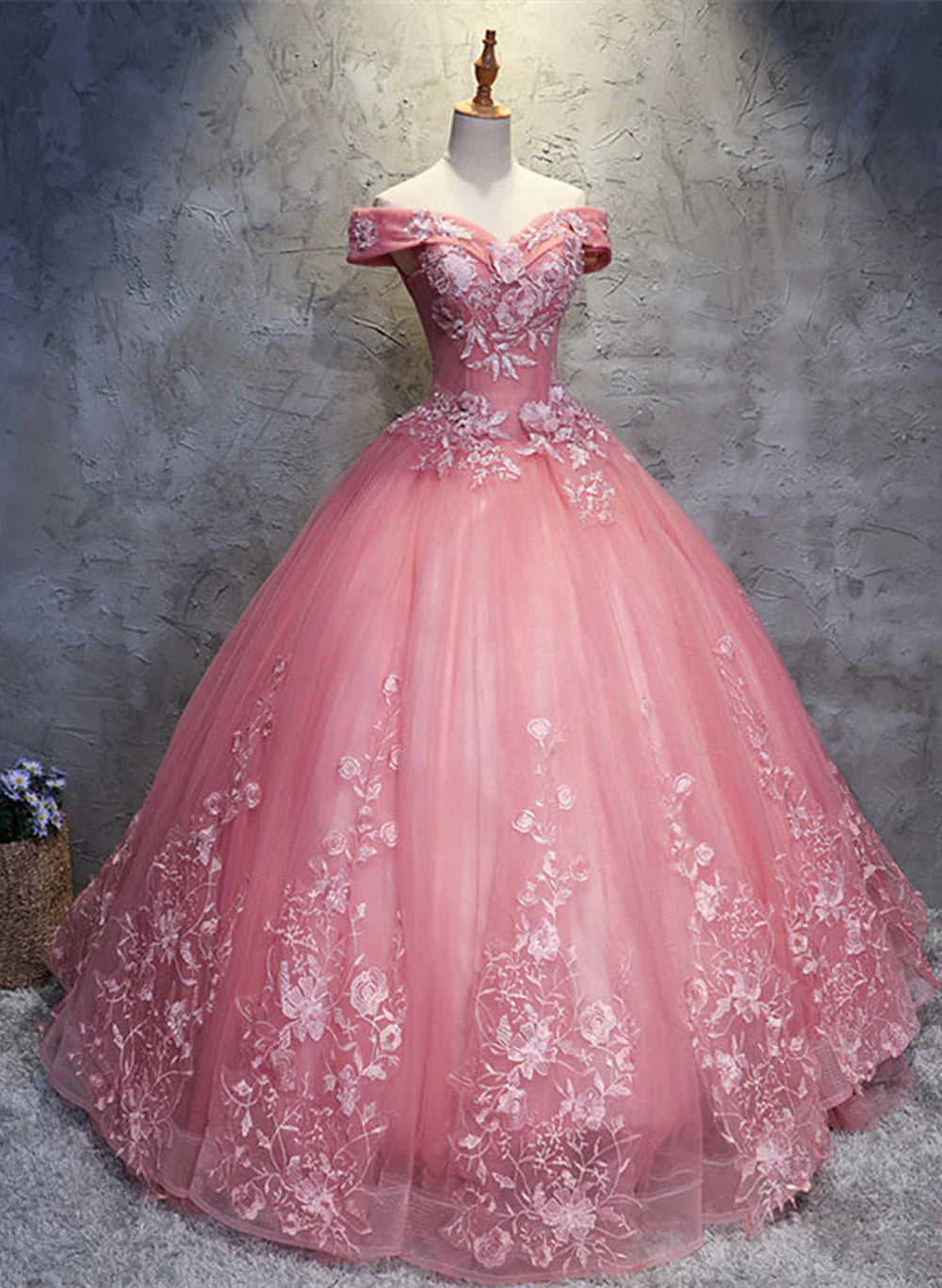 Dark Pink Princess Flowers Off Shoulder Sweet 16 Dress, Pink Formal Gown TP1323