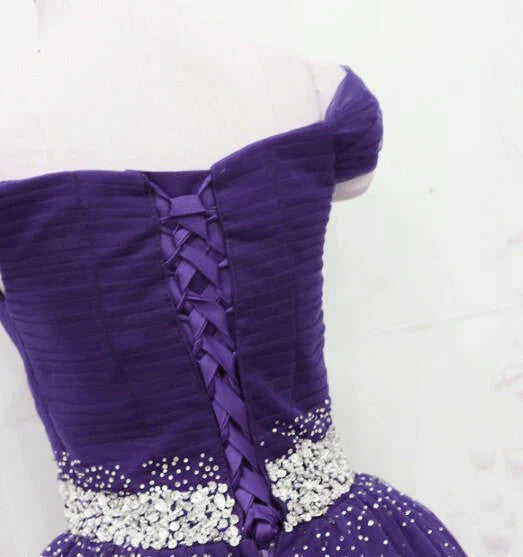 Dark Purple Tulle Beaded Off Shoulder Party Dress, Purple A-line Prom Dress TP1327