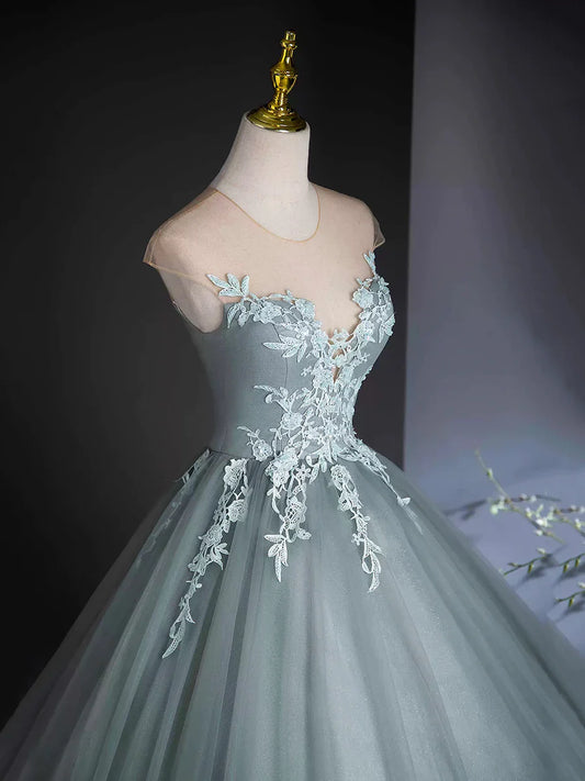 A-Line Scoop Neckline Tulle Floor Length Formal Dress with Lace, Elegant Evening Party Dress TP1352