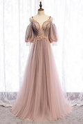 Chic Dusty Pink Off-the-Shoulder Tulle Puff Sleeves Floral Beaded Evening Dresses TP1362