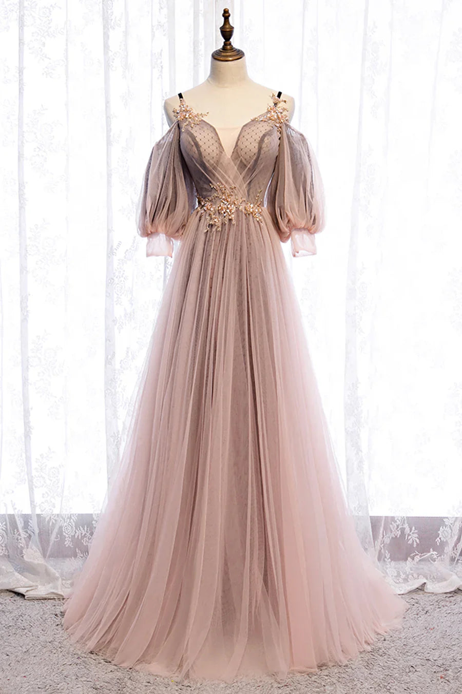 Chic Dusty Pink Off-the-Shoulder Tulle Puff Sleeves Floral Beaded Evening Dresses TP1362