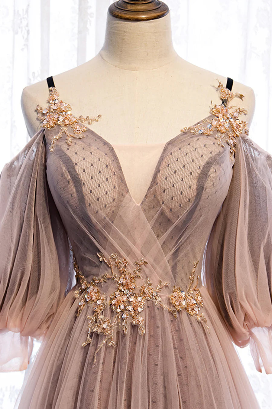 Chic Dusty Pink Off-the-Shoulder Tulle Puff Sleeves Floral Beaded Evening Dresses TP1362