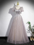 A-Line Tulle Sequins Floor Length Prom Dress, Beautiful Short Sleeve Party Dress TP1366