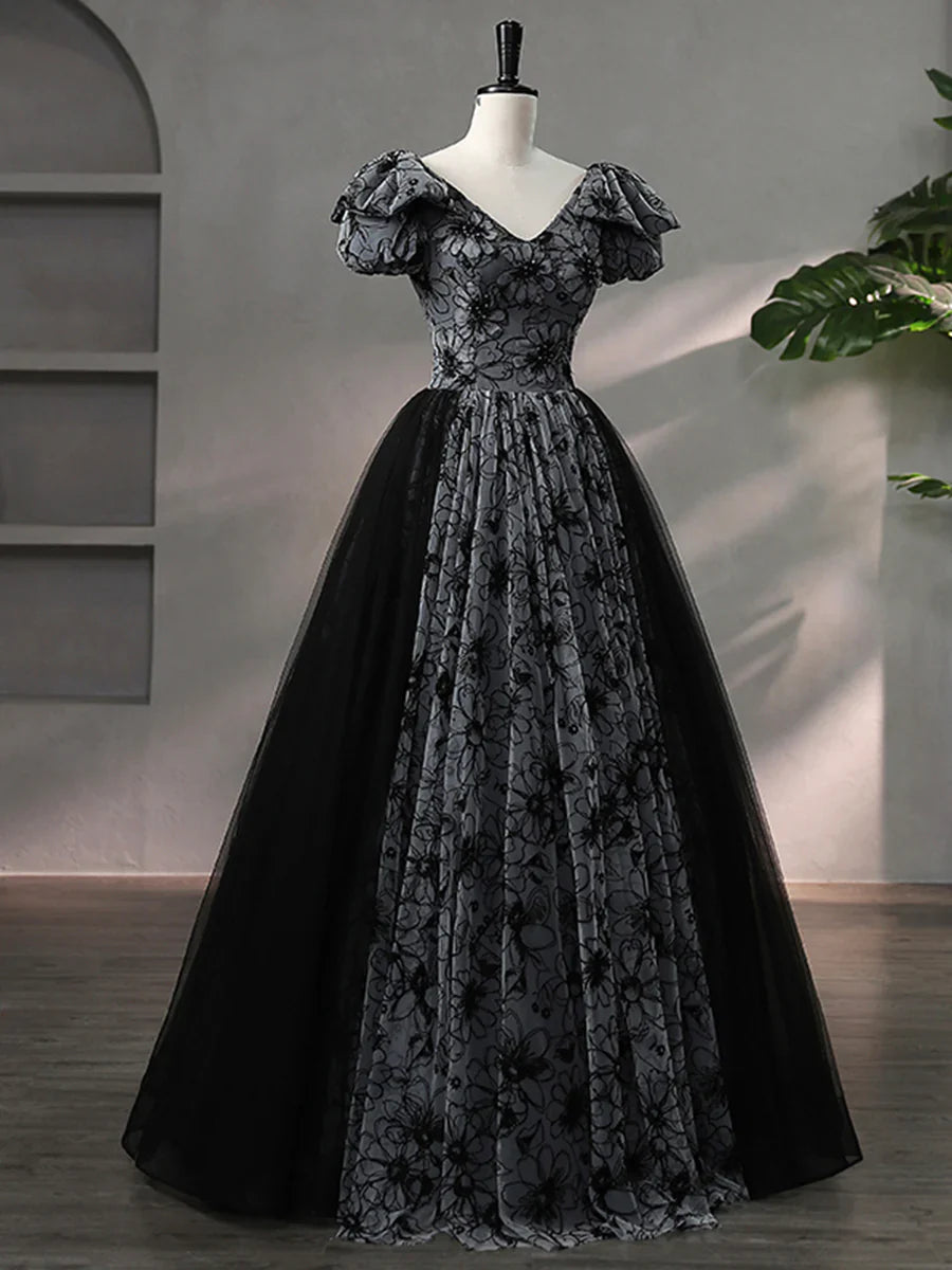 Beautiful Black Rhinestone Flower Prom Dress, Black V-Neck Short Sleeve Evening Dress TP1367