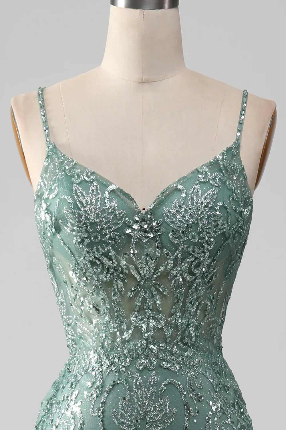 Spaghetti Staps Sparkly Grey Green Prom Dress with Beading TP1381