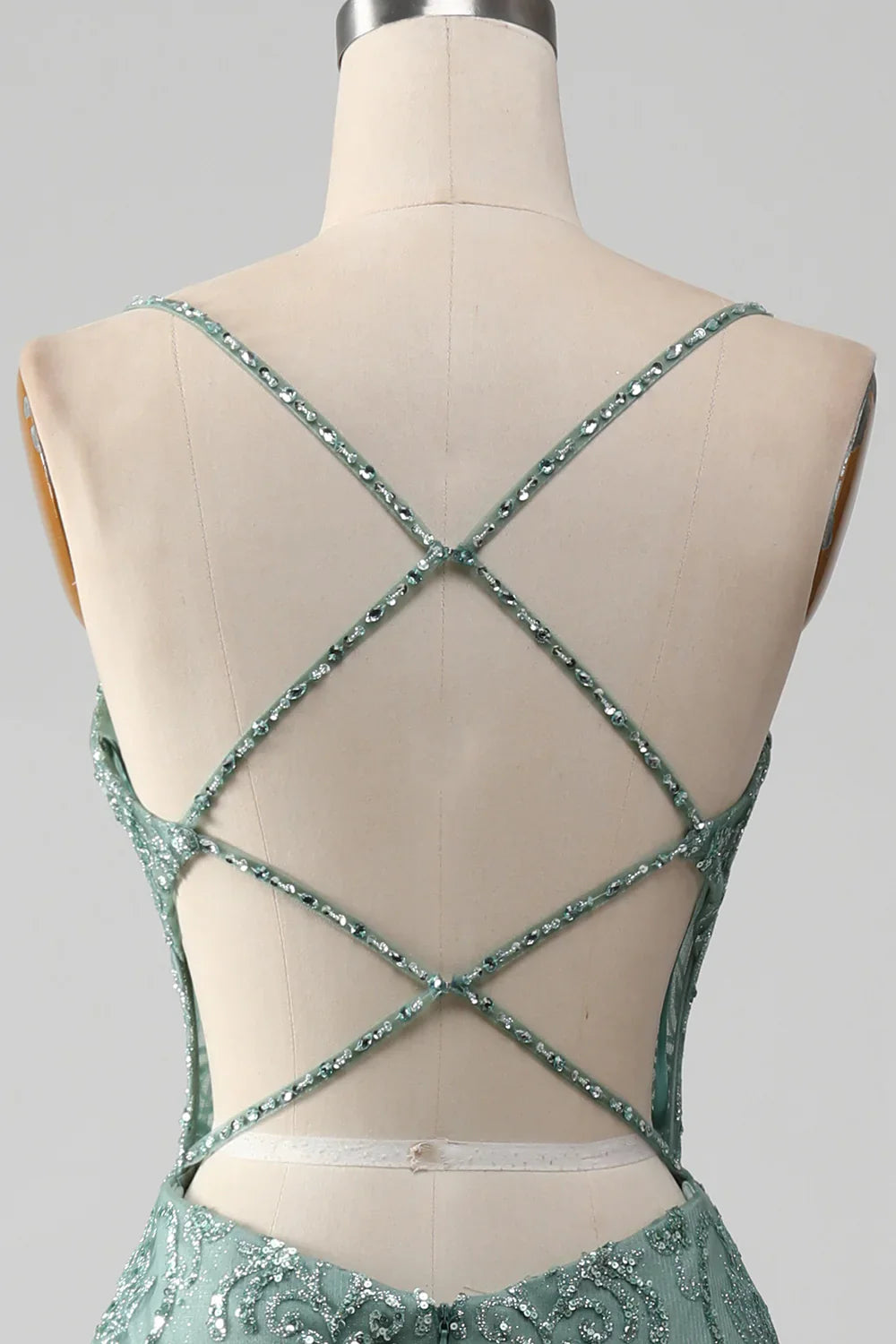 Spaghetti Staps Sparkly Grey Green Prom Dress with Beading TP1381