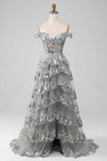 Off the Shoulder Grey Silver Sparkly Tiered Prom Dress with Slit TP1383
