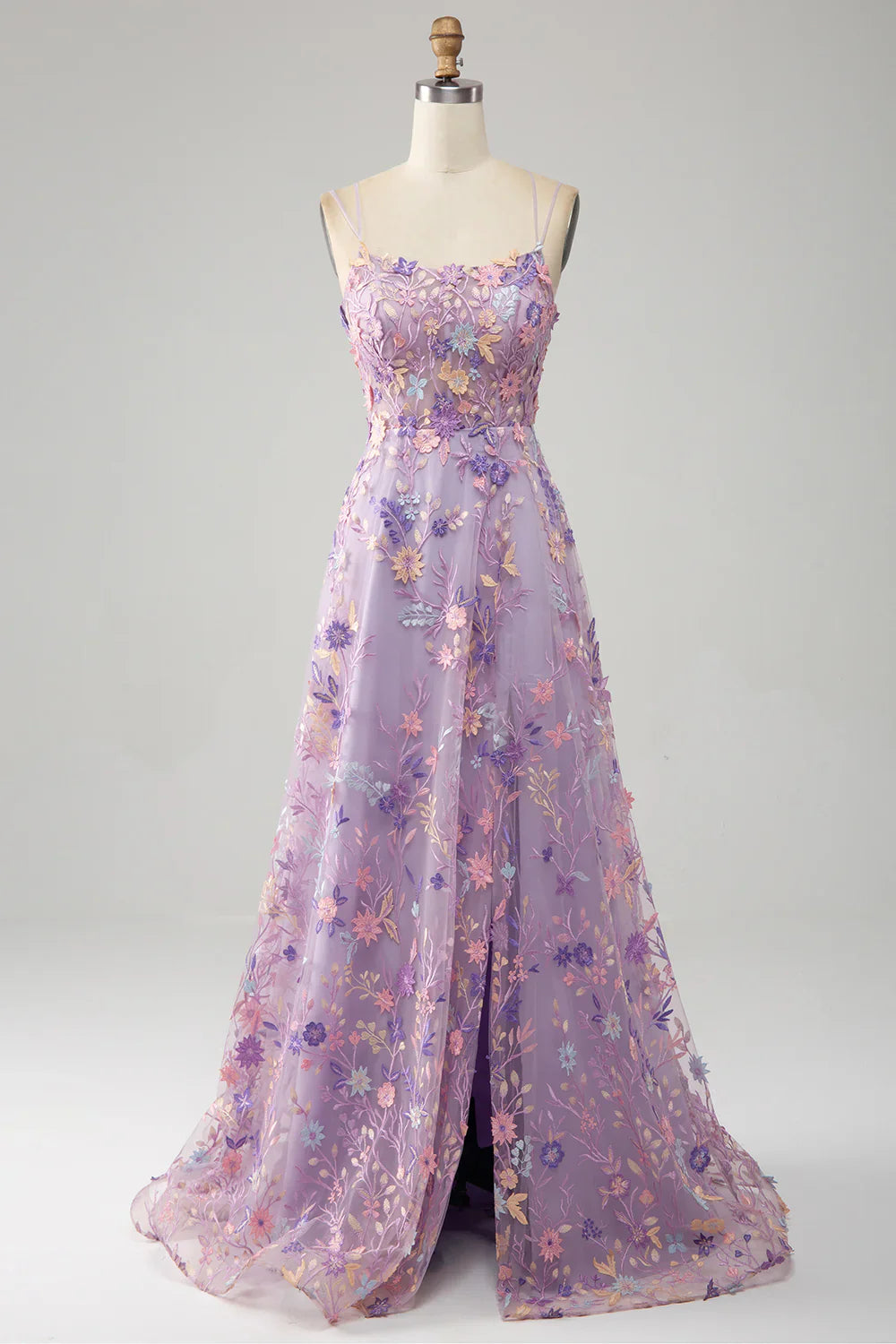 Light Purple A-Line Spaghetti Straps Long Prom Dress with Appliques TP1392