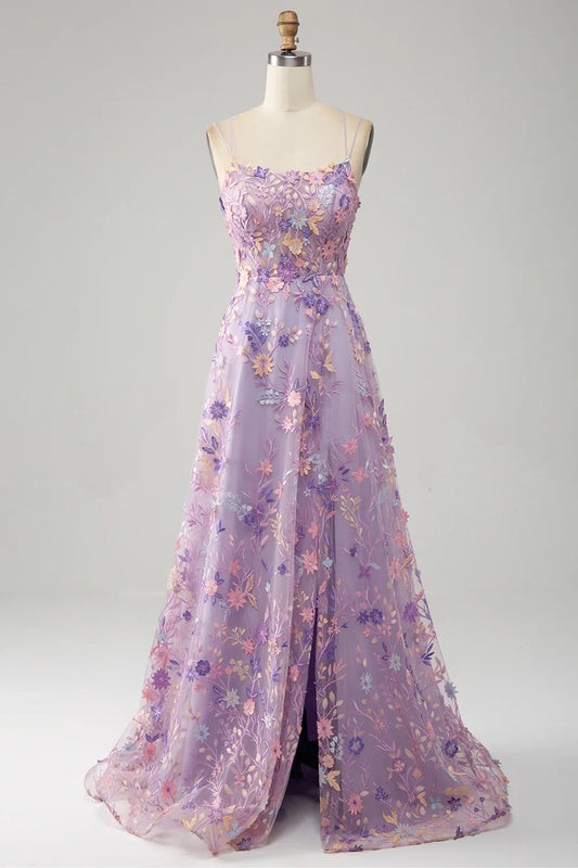 Light Purple A-Line Spaghetti Straps Long Prom Dress with Appliques TP1392