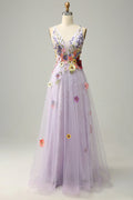 A Line Deep V Neck Lavender Long Prom Dress with Appliques TP1393