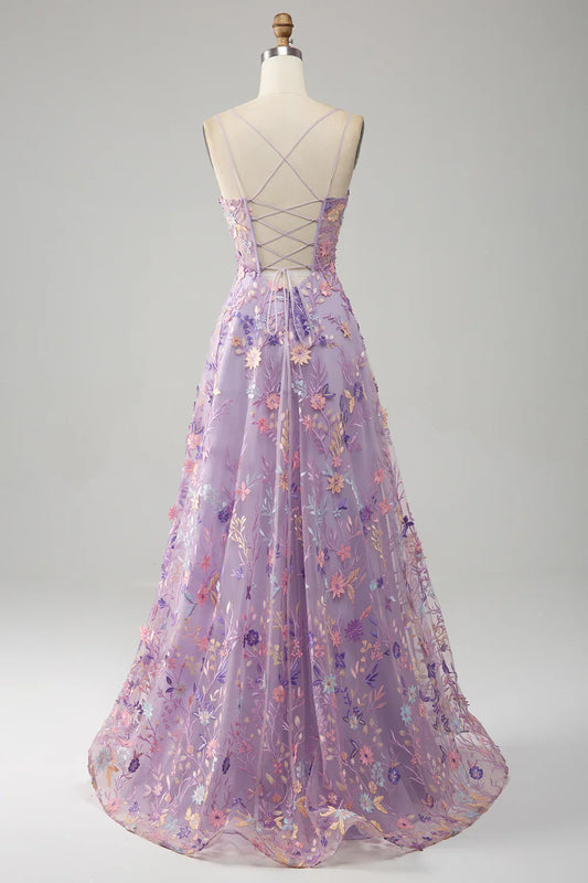 Light Purple A-Line Spaghetti Straps Long Prom Dress with Appliques TP1396