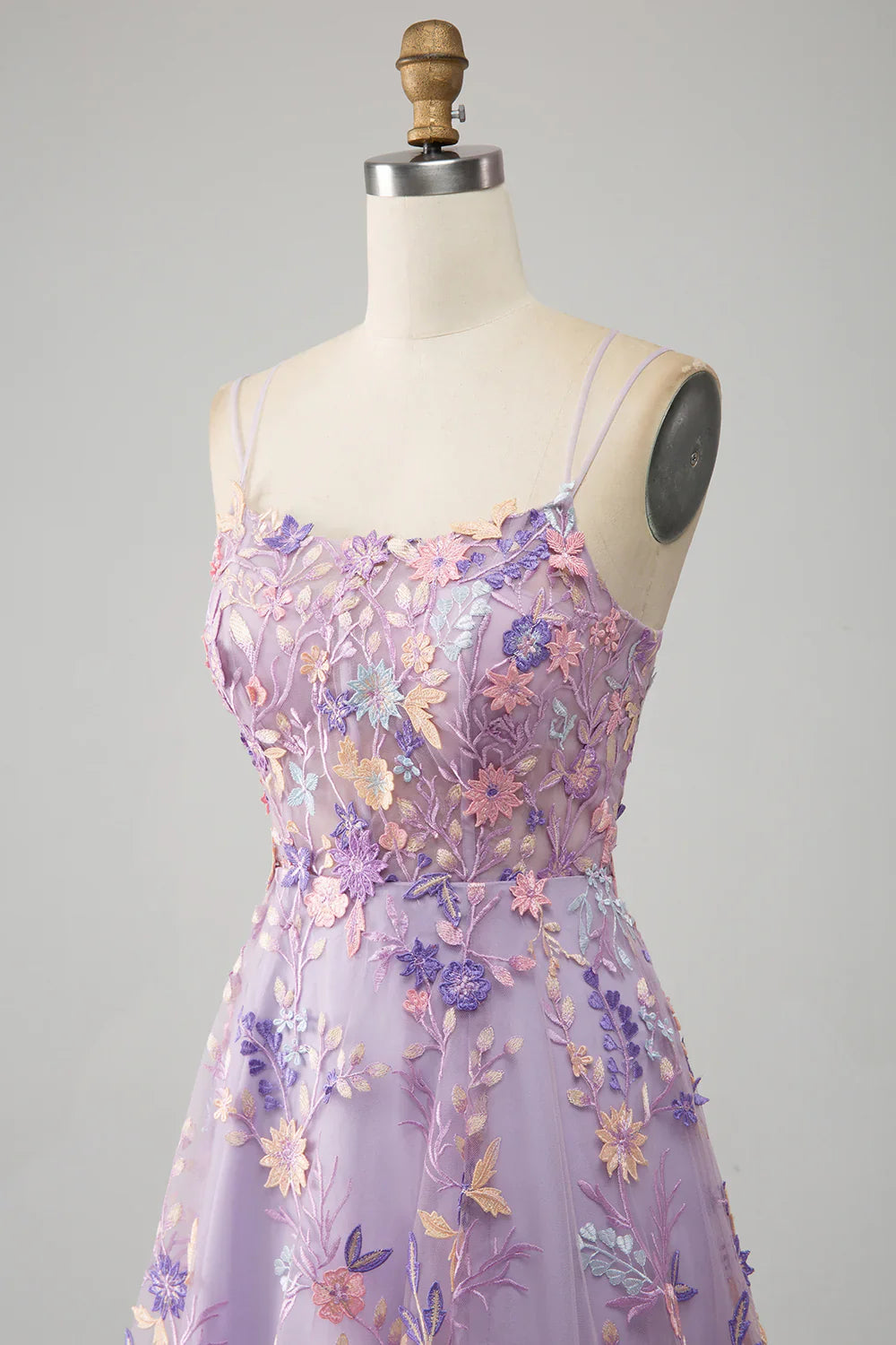 Light Purple A-Line Spaghetti Straps Long Prom Dress with Appliques TP1396