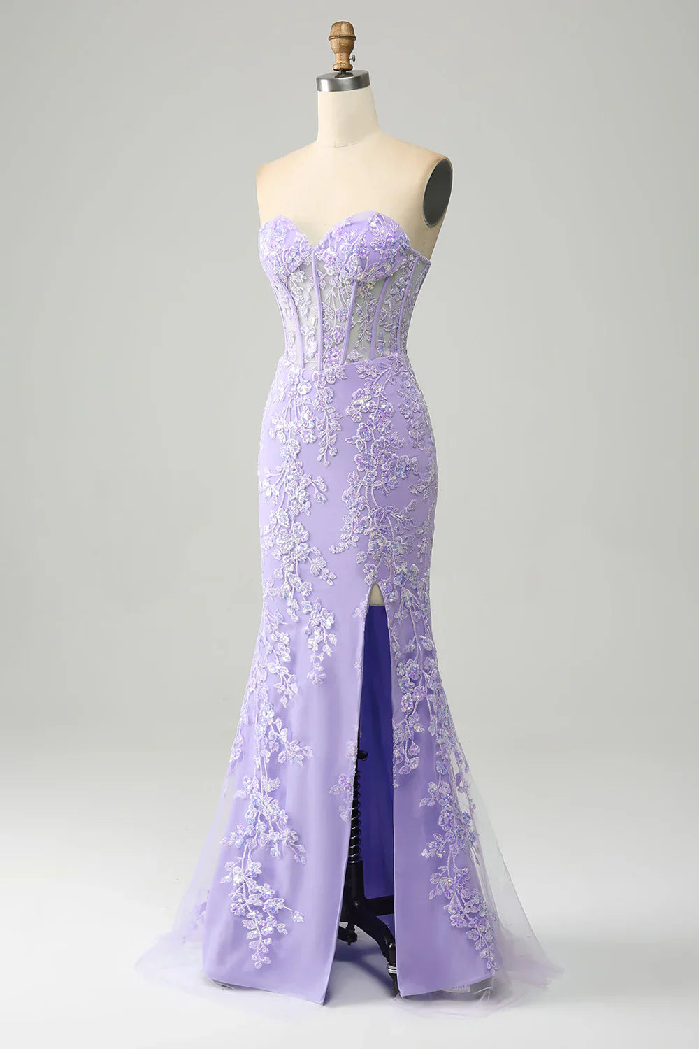 Light Purple Mermaid Sweetheart Corset Appliques Prom Dress With Side Slit TP1398