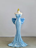 Off Shoulder Ribbon Back Sequined Trained Mermaid Evening Gown TP1399