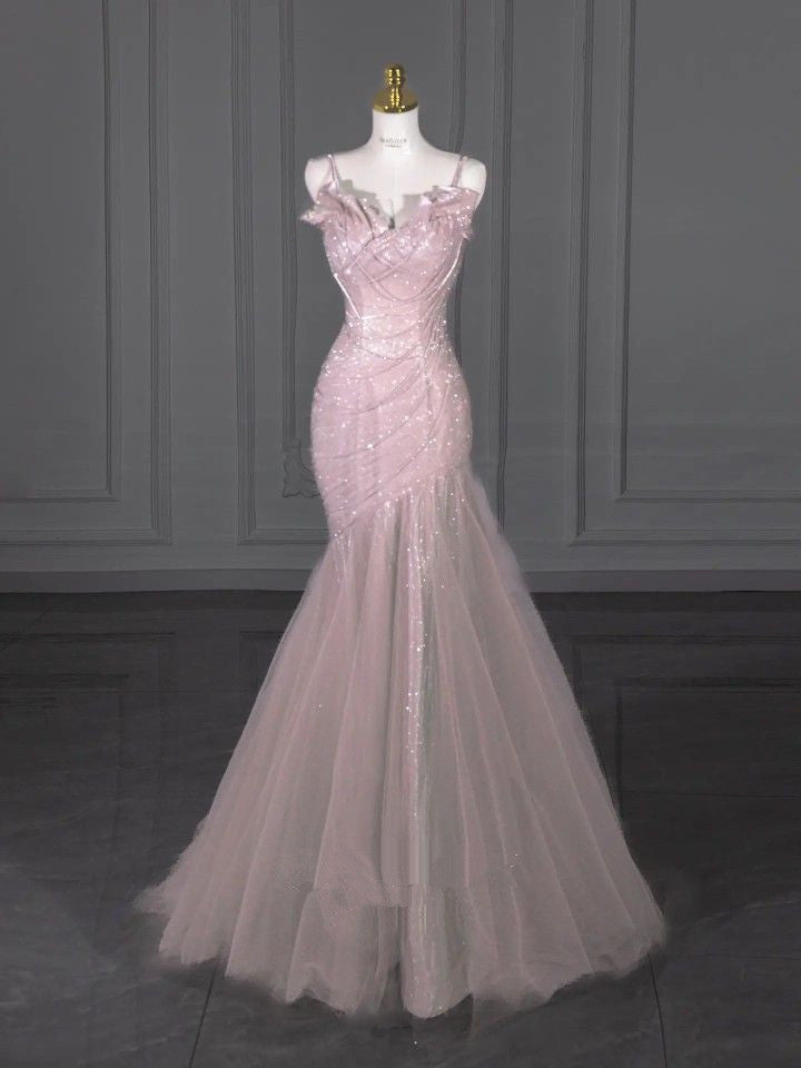 Elegant Pink Mermaid Sequin Ruched Bodice Tulle Ruffled Spaghetti Strap Prom Gown TP1400
