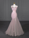Elegant Pink Mermaid Sequin Ruched Bodice Tulle Ruffled Spaghetti Strap Prom Gown TP1400