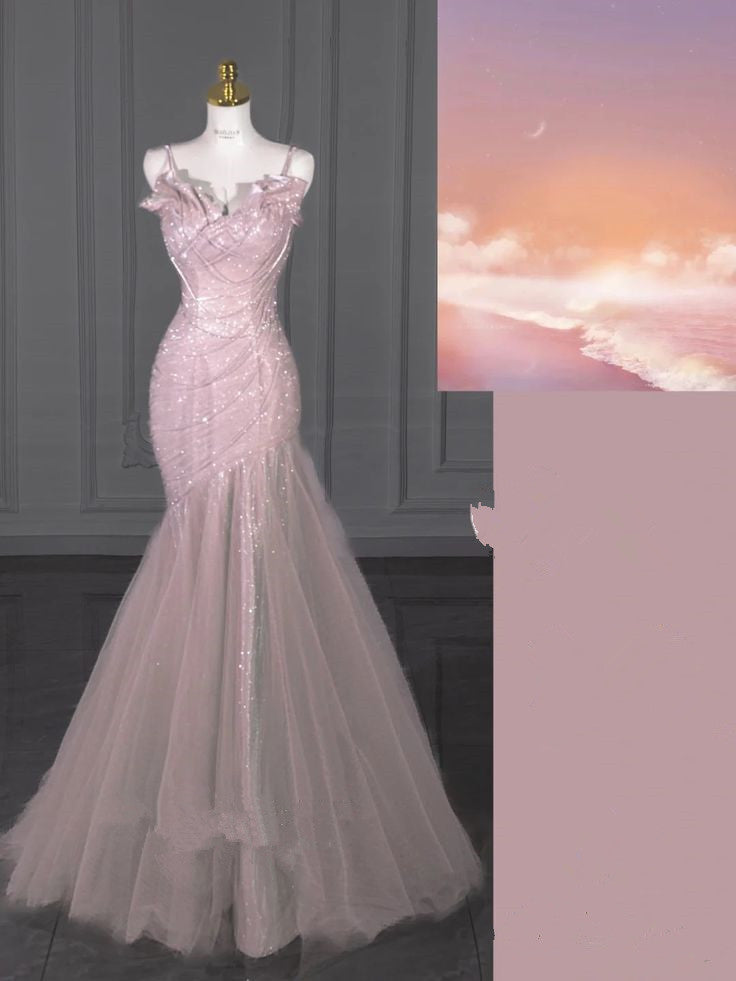 Elegant Pink Mermaid Sequin Ruched Bodice Tulle Ruffled Spaghetti Strap Prom Gown TP1400