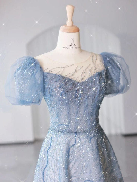 Blue Gradient A-line Short Sleeve Heart Shaped Neck Tulle Evening Dresses TP1409
