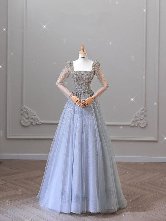 Gray One Neck Long Sleeve Beaded Tulle A-Line Long Evening Dresses TP1419