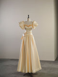 Light Yellow Satin Heart Neck Short Sleeve 3D Floral A-Line Tea Break Dress TP1429