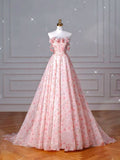 Cute Pink Strapless A-Line Chiffon Printed Long Evening Dresses TP1438