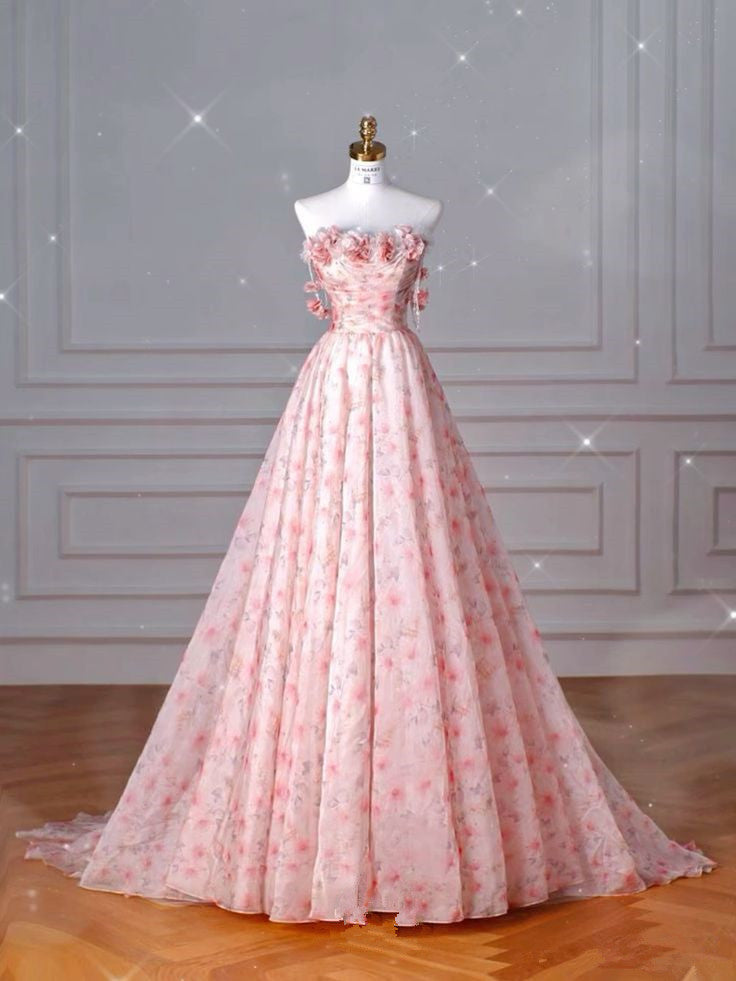 Cute Pink Strapless A-Line Chiffon Printed Long Evening Dresses TP1438