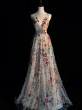 White A-Line V-Neck Sleeveless Printed Tulle Long Evening Dresses TP1440