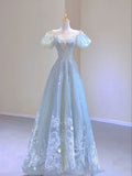 Light Blue A-Line Round Neck Short Sleeve Bright Beaded Tulle Long Evening Dresses TP1441