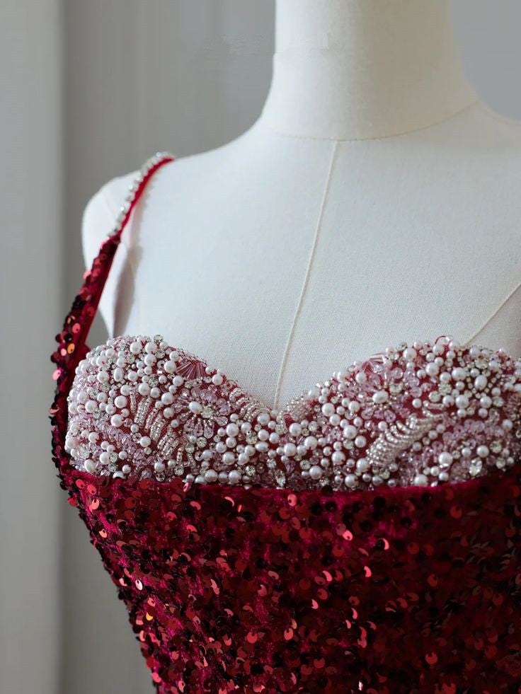 Burgundy Heart Neck Spaghetti Strap Sequined Mermaid Long Evening Dresses TP1446