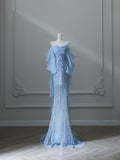 Blue A-line Strapless Beaded Tulle Elegant Long Evening Gowns TP1447