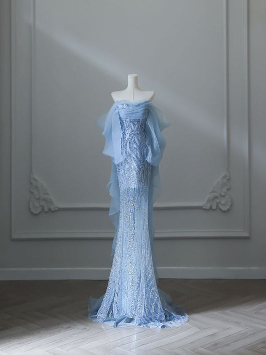 Blue A-line Strapless Beaded Tulle Elegant Long Evening Gowns TP1447