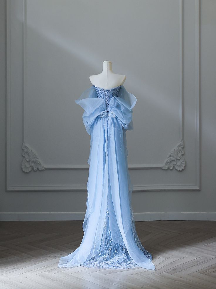 Blue A-line Strapless Beaded Tulle Elegant Long Evening Gowns TP1447