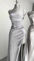 Gray Satin Spaghetti Strap Heart Neck Split Long Evening Dress  TP1454