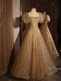 Gold A-Line One Neck Short Sleeve Sparkling Tulle Long Evening Dresses  TP1464