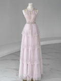 Pink A-Line Hanging Neck Sleeveless Tiered Long Evening Dresses  TP1467